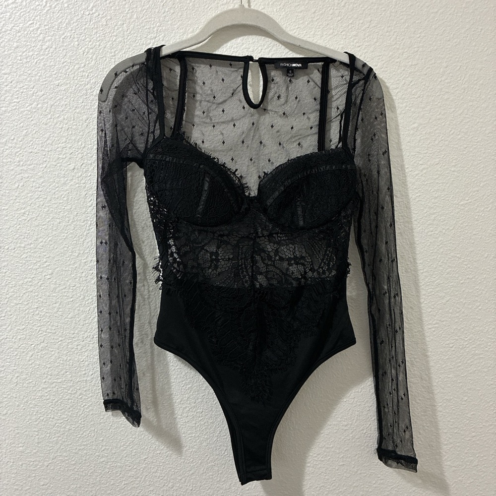 Fashion Nova Sheer Black Lace Bodysuit